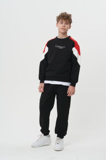 Erkek Çocuk / Genç Nakış Detaylı Renk Bloklu Oversize Sweatshirt ve Eşofman Altı Takımı