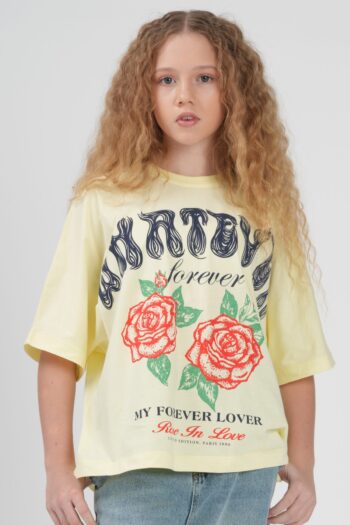 Kız Çocuk Oversize Gül Baskılı T-Shirt