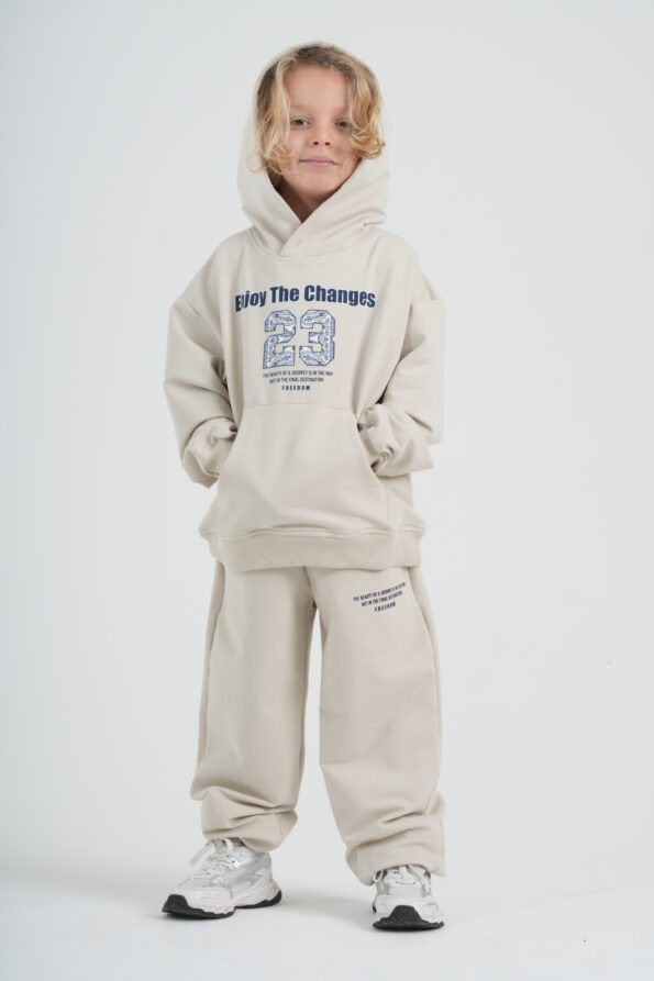 Çocuk Unisex "Enjoy The Changes" Baskılı Kapüşonlu Sweatshirt ve Bol Paça Eşofman Altı İkili Takım