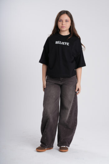 Kız Çocuk "BELIEVE" Baskılı Salaş Kesim Oversize T-Shirt (Beyaz & Siyah)