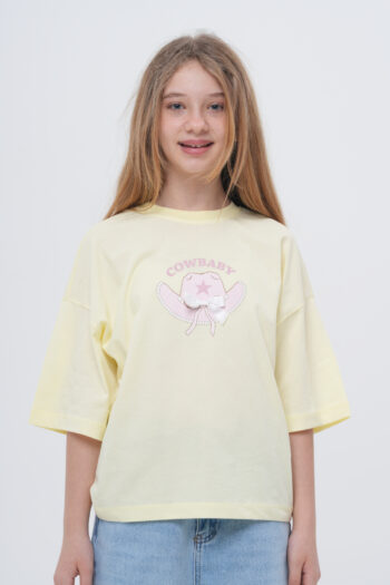 Kız Çocuk Oversize Cowbaby Baskılı T-Shirt - Kurdele Detaylı Kovboy Şapkalı Tişört