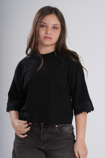 Kız Çocuk Kolları Dantel Detaylı Oversize T-Shirt - Düz Renk Bisiklet Yaka Pamuklu Tişört