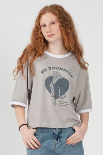 Kız Çocuk "Be Yourself" Leopar Baskılı Biyeli Oversize Tişört - Pamuklu Ringer T-Shirt