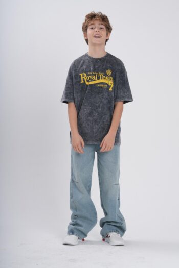 Erkek Çocuk "Royal Team 7" Baskılı Acid Wash Wash Yıkamalı Oversize T-Shirt - Antrasit / Açık Gri
