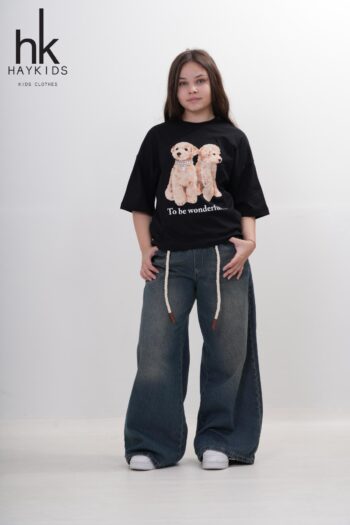 Kız Çocuk İkili Köpek Baskılı Oversize T-Shirt - Poodle İncili "To Be Wonderful" Tişört