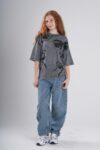 Kız Çocuk / Genç Fiyonk Baskılı Acid Wash Yıkamalı Oversize T-Shirt - "Today Is The Day" Gri Pamuklu Tişört