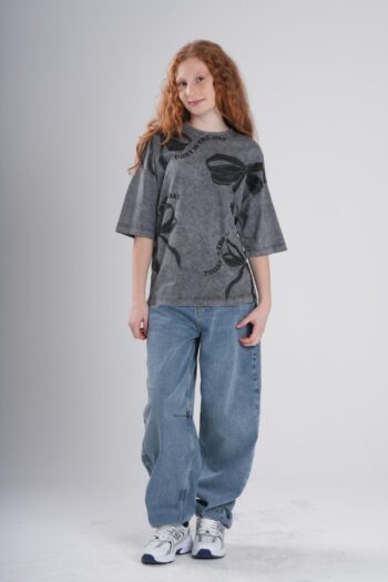 Kız Çocuk / Genç Fiyonk Baskılı Acid Wash Yıkamalı Oversize T-Shirt - "Today Is The Day" Gri Pamuklu Tişört