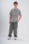 Erkek Çocuk / Genç Düğmeli Hakim Yaka Acid Wash Yıkamalı Oversize T-Shirt - Cepli Pamuklu Tişört