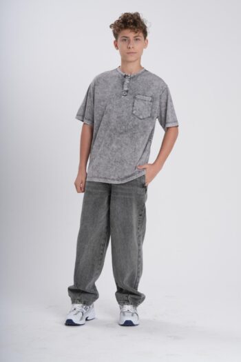 Erkek Çocuk / Genç Düğmeli Hakim Yaka Acid Wash Yıkamalı Oversize T-Shirt - Cepli Pamuklu Tişört